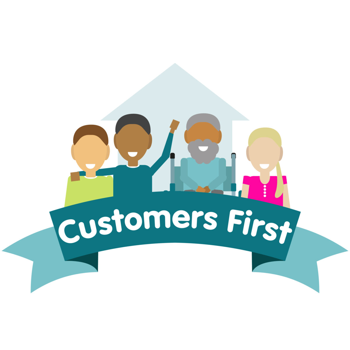 Customers First logo which includes a group of customers standing in front of a transparent house with a teal 'Customers First' Banner 
