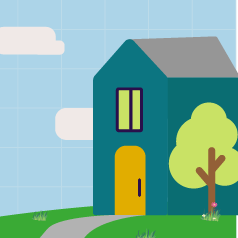 Image of a house and a tree sat on a green hill with a blue sky and white clouds.